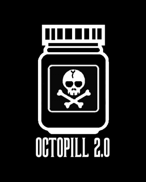 Octopill logo pill bottle with a skull on it